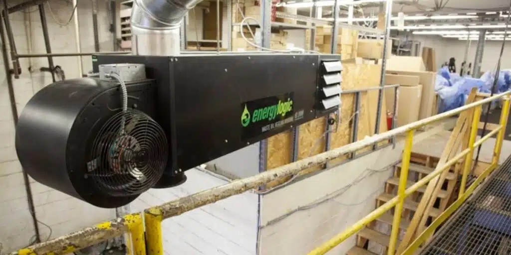 An EnergyLogic waste oil heater mounted in a large facility