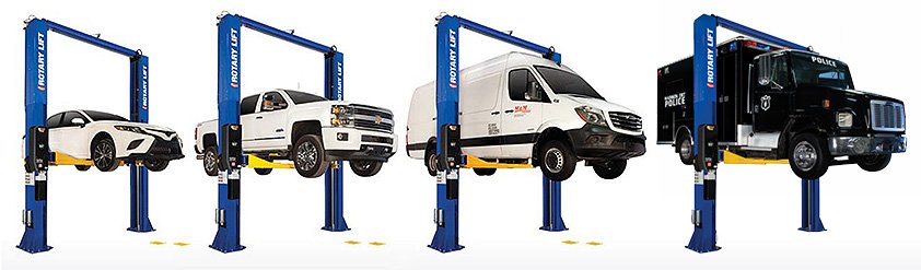 Cars, pickups, vans and box trucks serviced on the same Rotary two-post lift