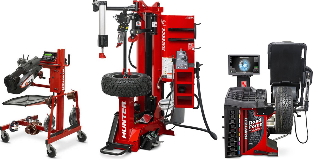 Hunter AutoComp Elite brake lathe, Maverick Pro tire changer and Road Force WalkAway balancer