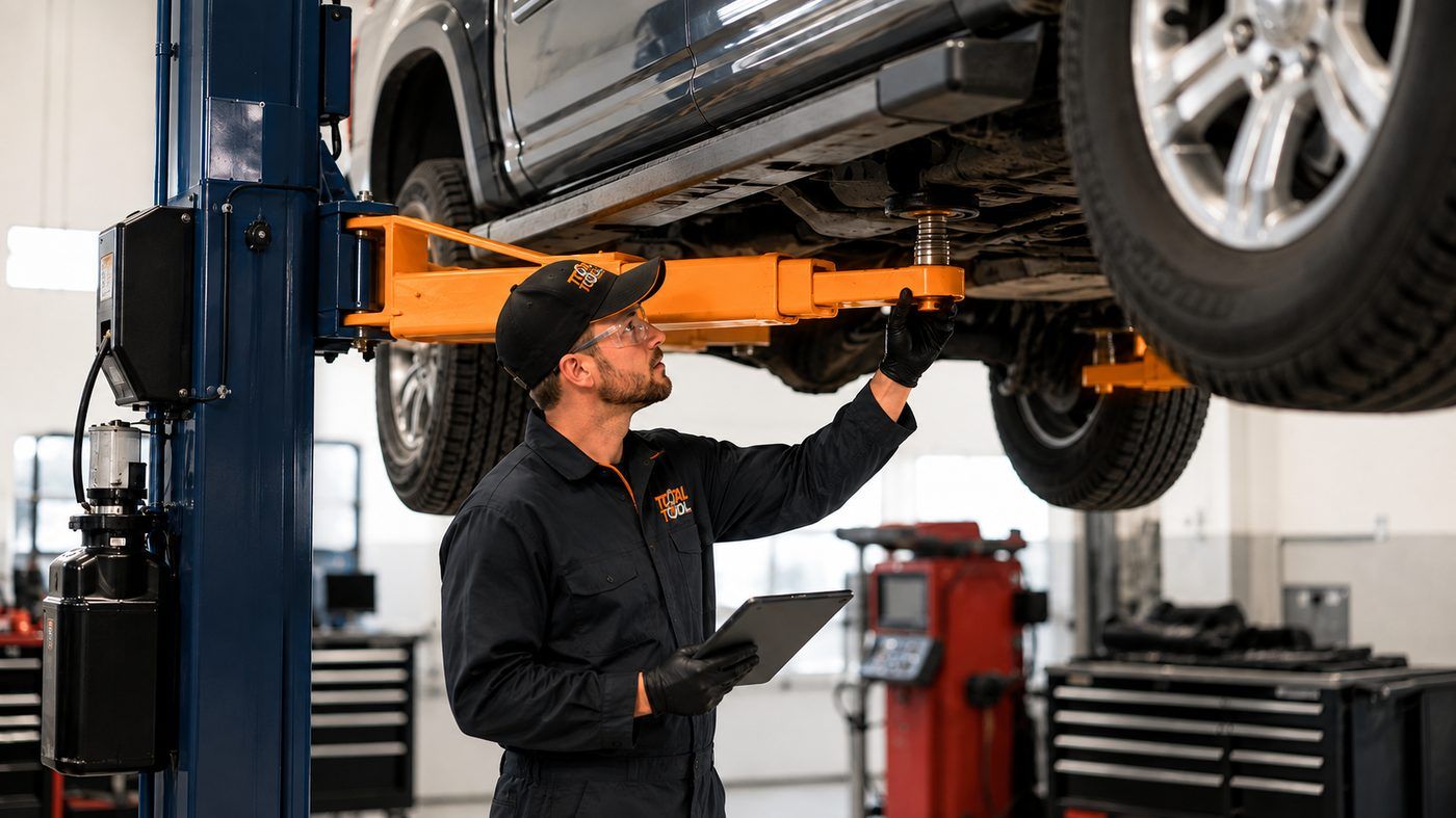 A technician inspecting a vehicle raised on a two-post lift