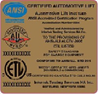 Automotive Lift Institute (ALI) Certified Lift Inspection sticker