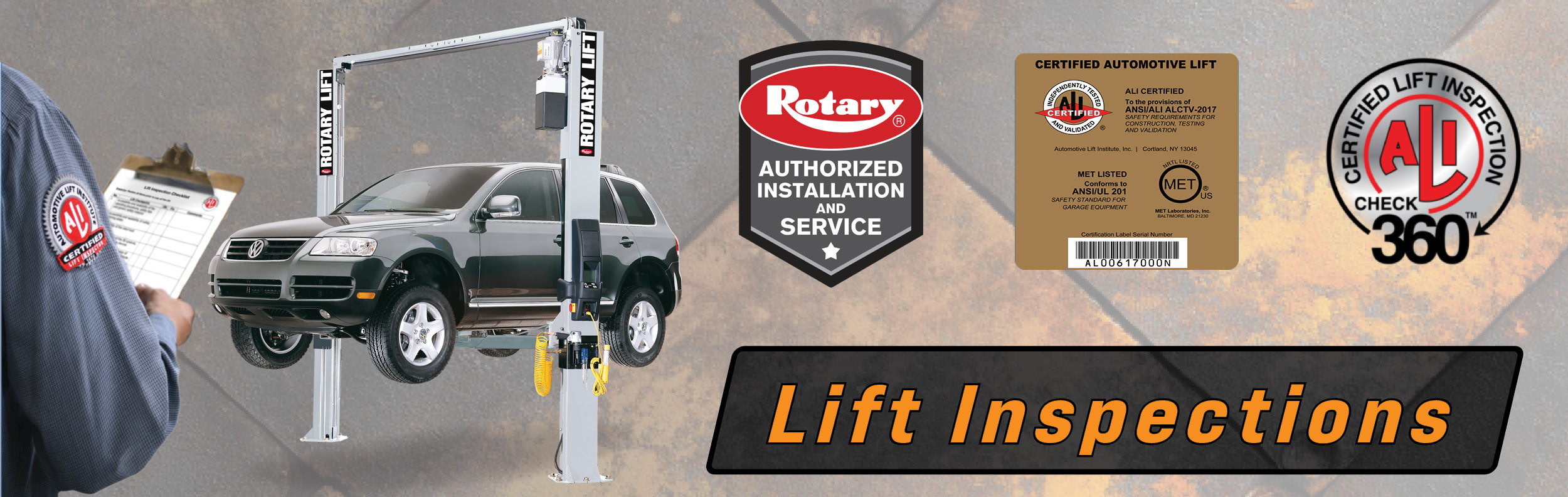 Lift Inspection Featured Image An ALI Certified Inspector examines a vehicle lift in an auto repair shop, ensuring all safety mechanisms and components are in optimal condition.